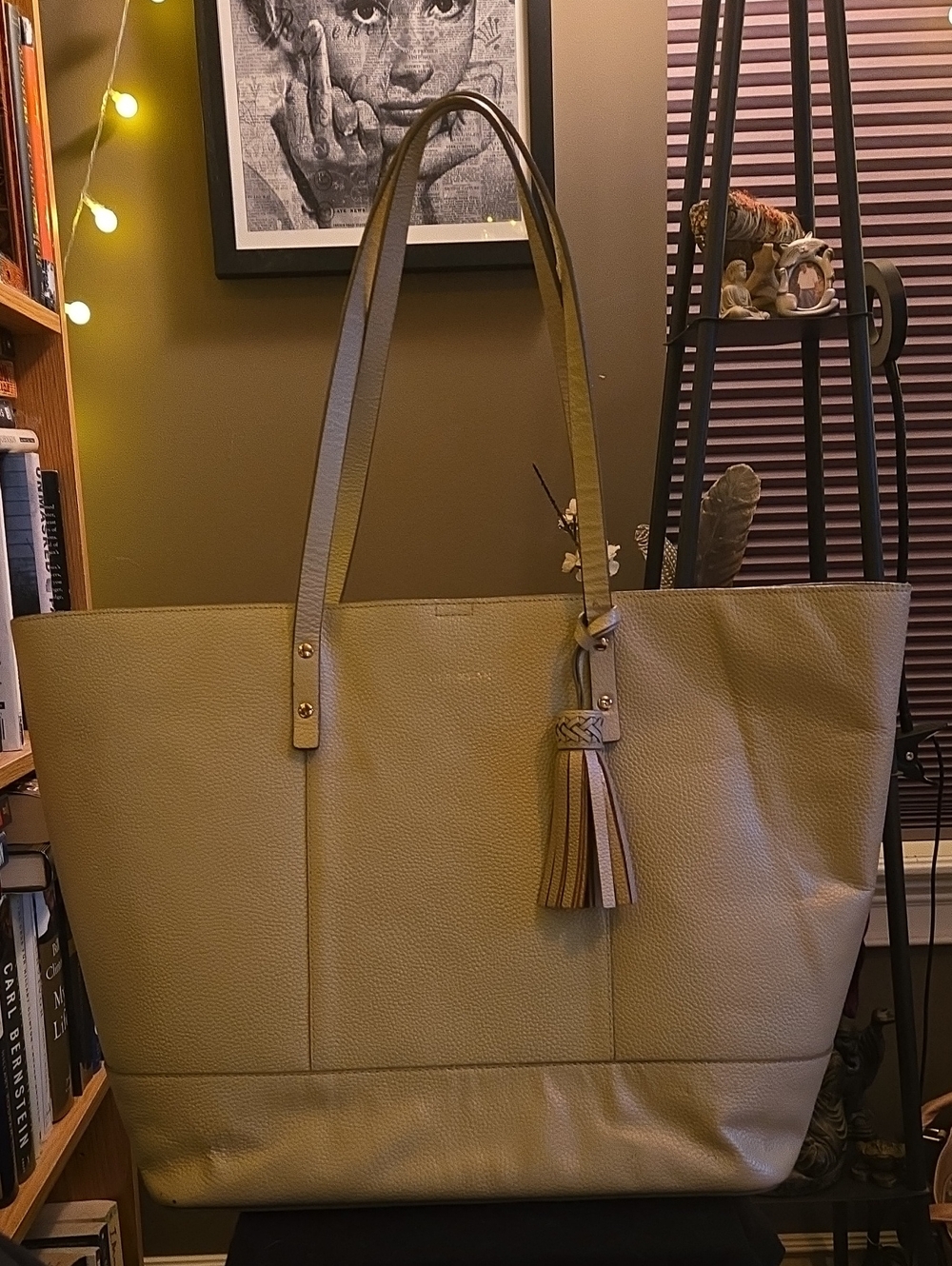 Women’s Cole Haan Taupe Leather Tote Bag with Tassel